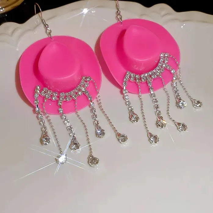 Cowboy Hat Tassel Earrings Women Copper Alloy Rhinestone Drop Y2K Jewelry