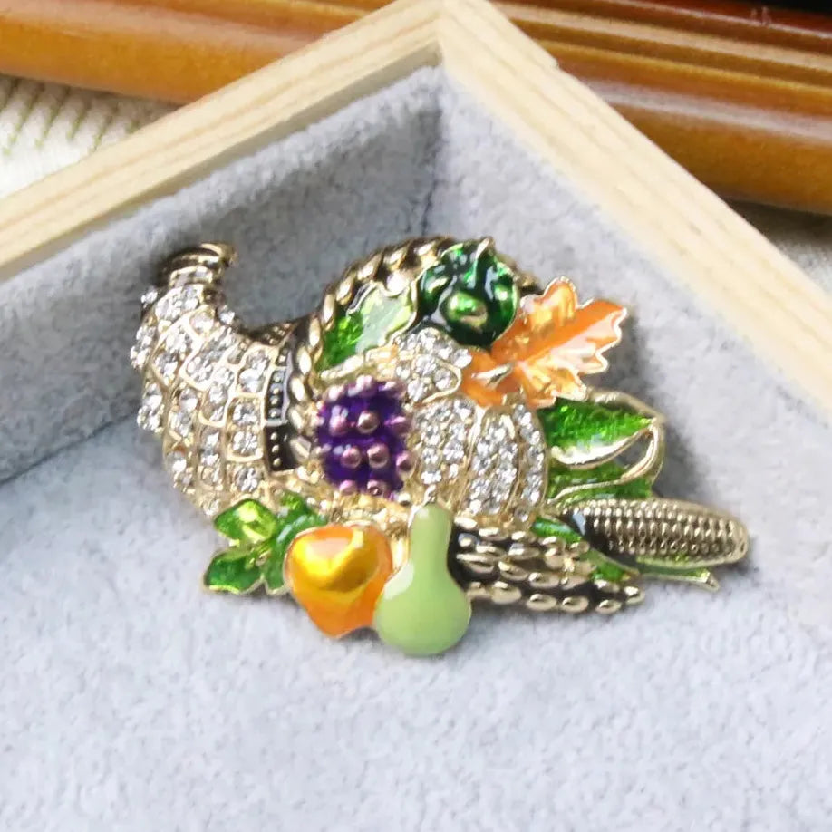 Vintage Harvest Fruit & Vegetable Basket Brooch Unisex Accessory