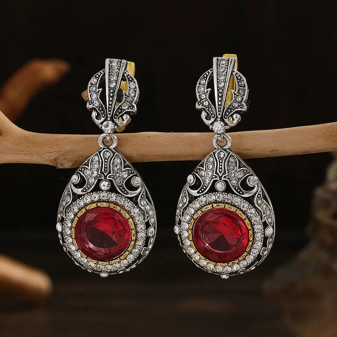 Silver Round Water Drop Flower Earrings with Red Stone for Women Party