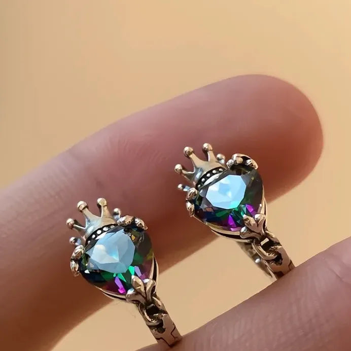 Geometric Crown Hoop Earrings with Colored Heart Cubic Zirconia for Women