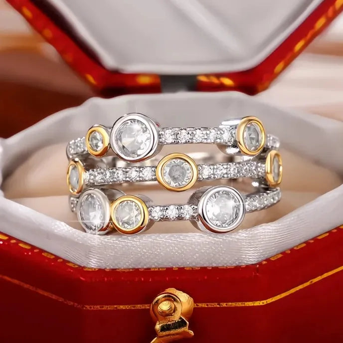 Personality Two Tone Three Line Women’s Wedding Band Ring Brass CZ Sparkling Fashion Jewelry