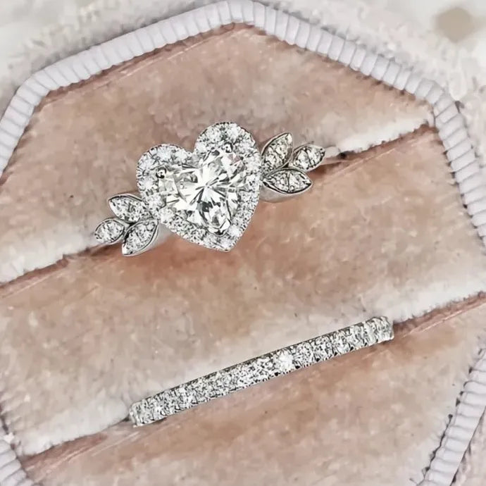 2Pcs Heart Rings Set Cubic Zirconia Brass Promise Wedding Jewelry for Women