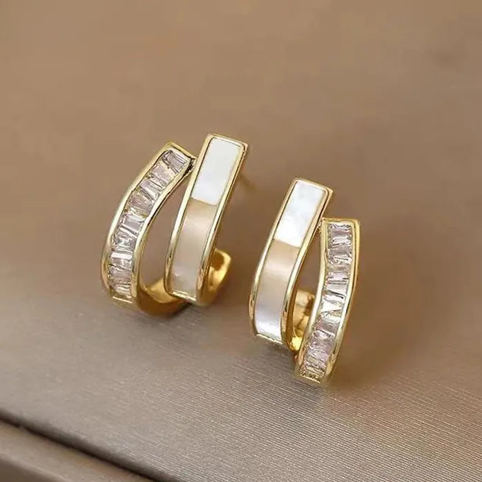 2024 Shell Zircon Arc Metal Stud Earrings Korean Fashion Jewelry Women