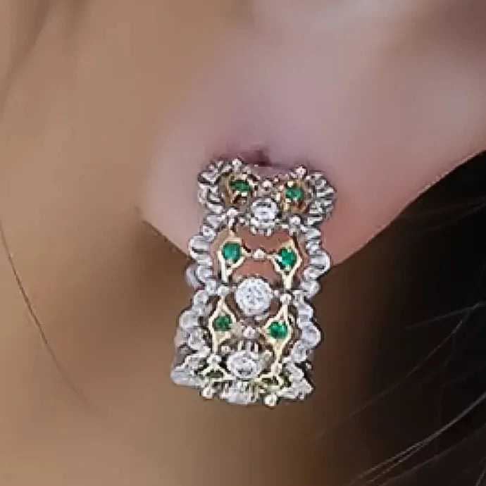 Two Tone Copper Alloy Hoop Earrings with Green Cubic Zirconia for Wedding Party