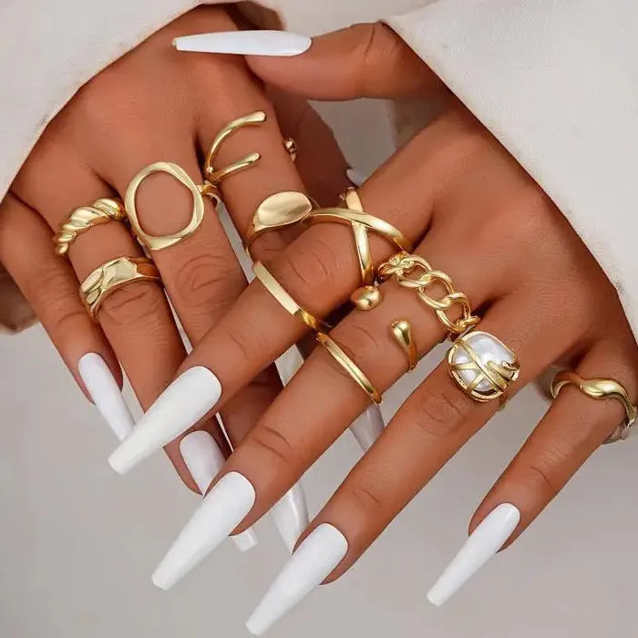 12Pcs Women’s Retro Irregular Geometric Adjustable Fashion Rings Set