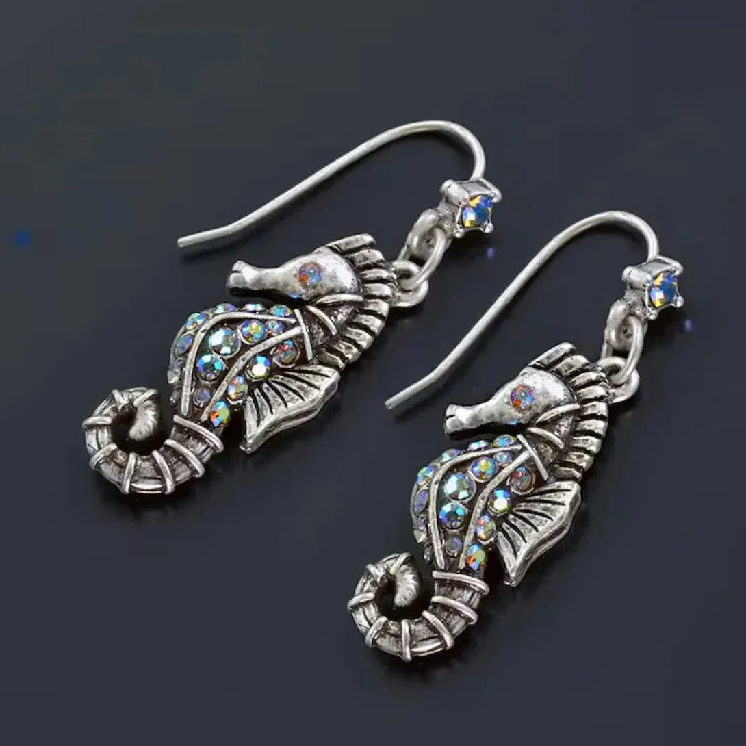 Silvery Metal Seahorse Drop Earrings with Blue Zircon for Women, Party Jewelry