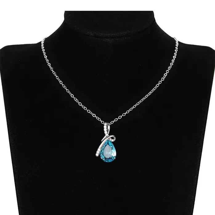 Blue Zirconia Water Drop Necklace for Women Engagement Brass Jewelry