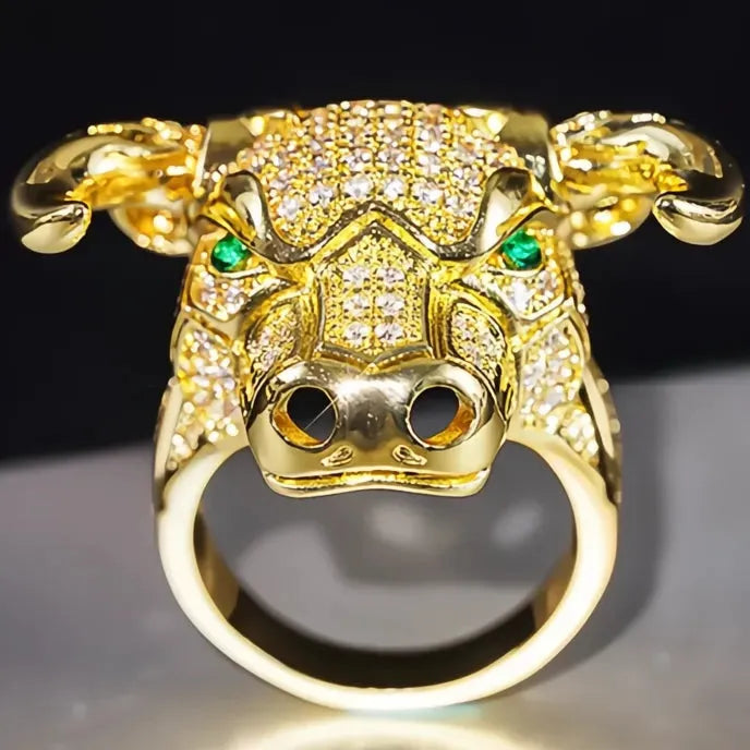 Gold Color Punk Style Cow Animal Ring with Green Eyes for Women Brass Jewelry