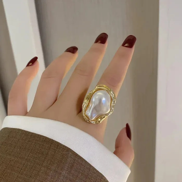 Vintage Geometrical Baroque Pearl Adjustable Ring for Women Fashion Jewelry