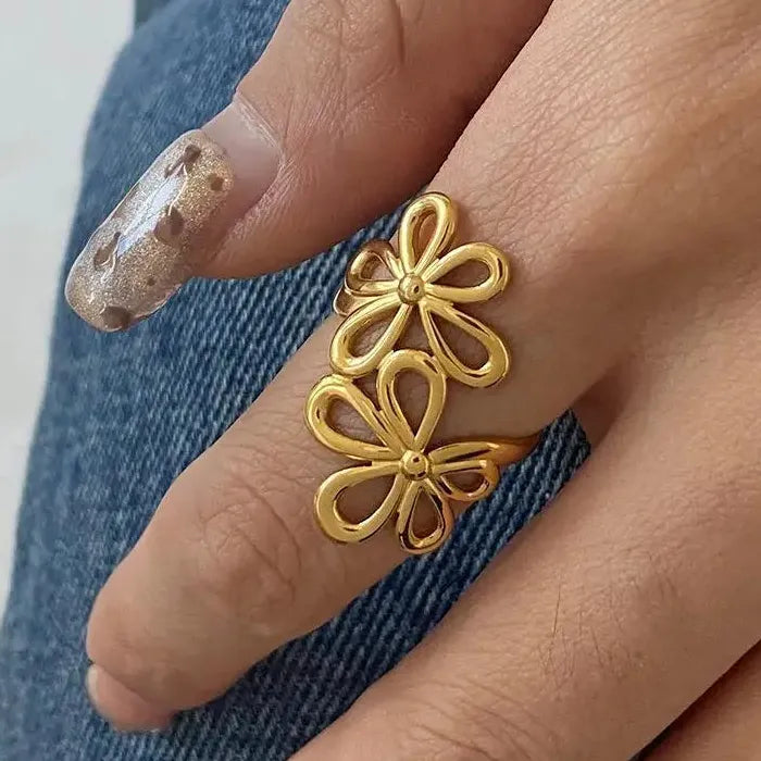 Vintage Stainless Steel Daisy Flower Ring Women Open Band Jewelry Gift