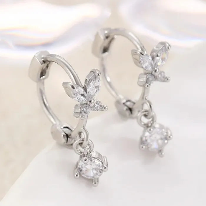 Gold-Plated Butterfly Hoop Earrings with Crystal Waterdrop Pendants