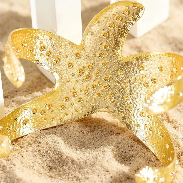 Bohemia Metal Large Starfish Hammer Texture Adjustable Bangle Bracelet Women