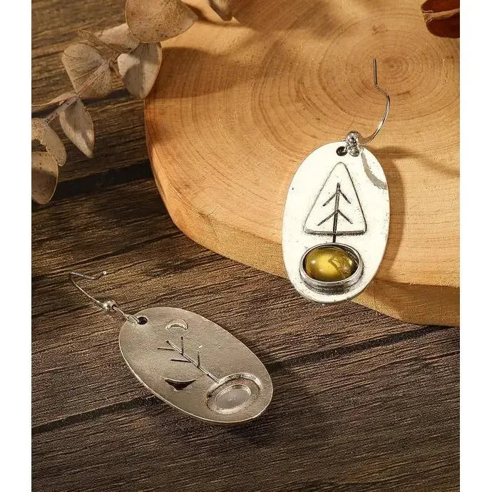 Silver Rose Gold Oval Tree Geometry Long Dangle Earrings for Women Wedding Jewelry