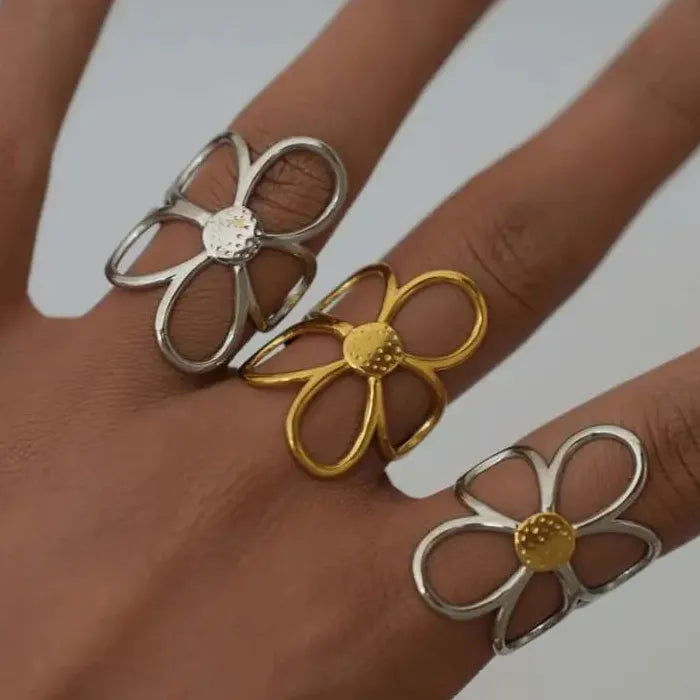 Stainless Steel Daisy Flower Ring for Women Gold Silver Open Stylish Jewelry Gift