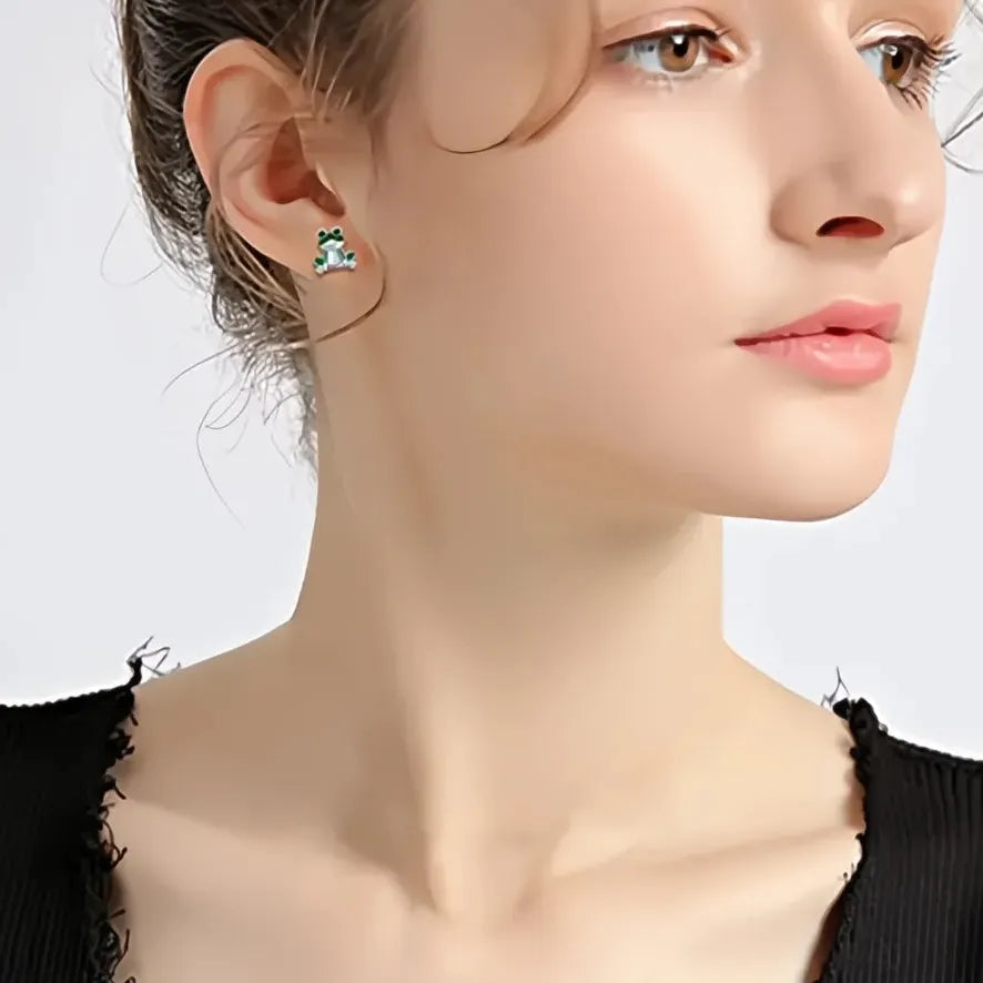Green Frog Brass Enamel Stud Earrings Animal Jewelry Gift for Women & Teens