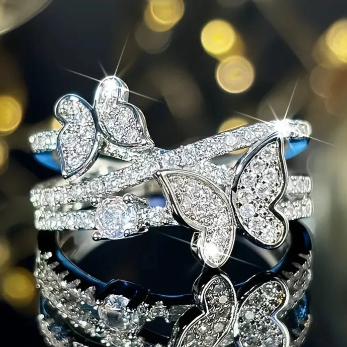 Romantic Double Butterfly Brass Wedding Ring with Cubic Zirconia for Women