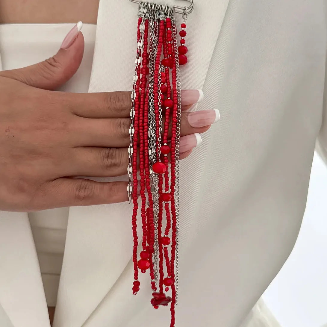 Geometric Black Crystal Long Tassel Zinc Alloy Brooch for Women