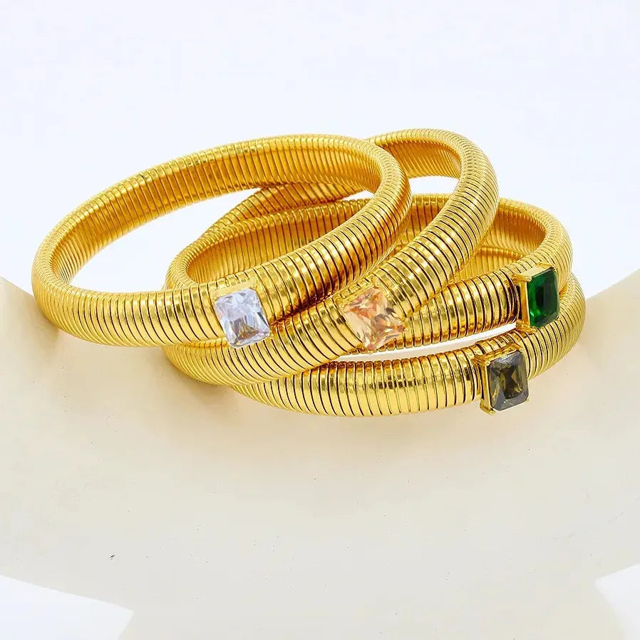 Hip Hop 18K Gold Plated Stainless Steel Wide Cuff Bracelet Crystal Bangle Jewelry