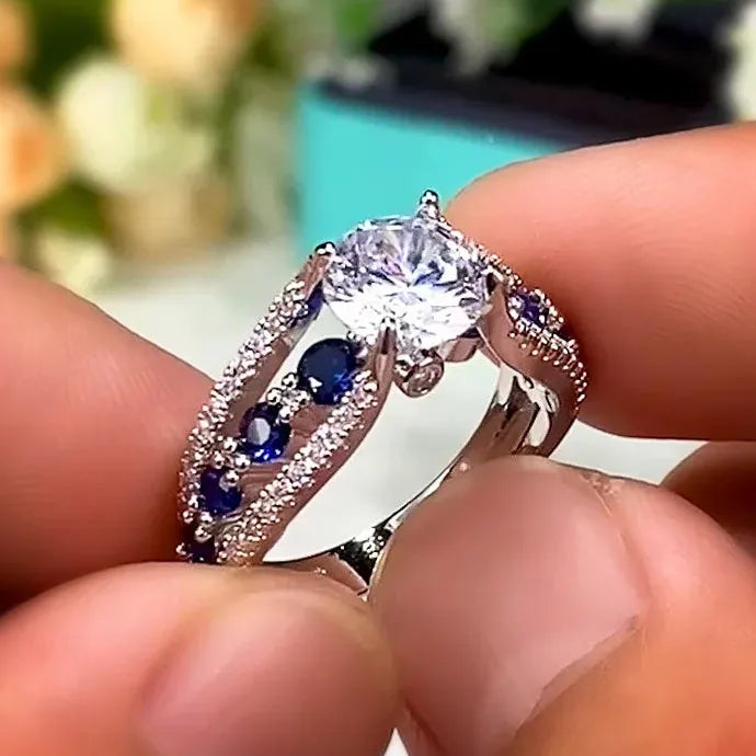 Sapphire Blue Zircon Hollow Out Ring for Women Zinc Alloy Engagement Jewelry