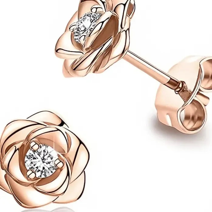 Rose Flower Stud Earrings for Women Cubic Zirconia 4 Metal Colors