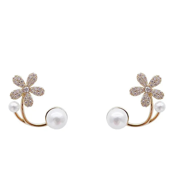Pearl Rhinestone Flower Drop Earrings Zinc Alloy Crystal Jewelry Light Luxury
