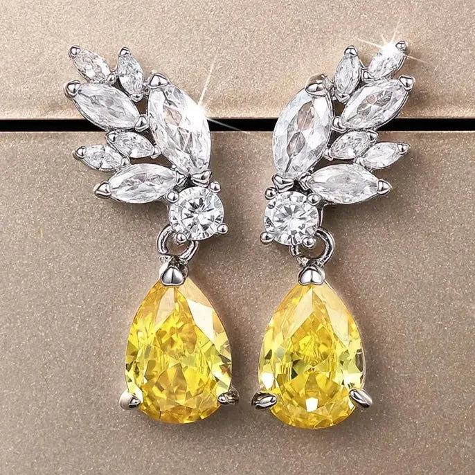Fancy Yellow Pear Cubic Zirconia Drop Earrings for Women Wedding Party Jewelry Gift