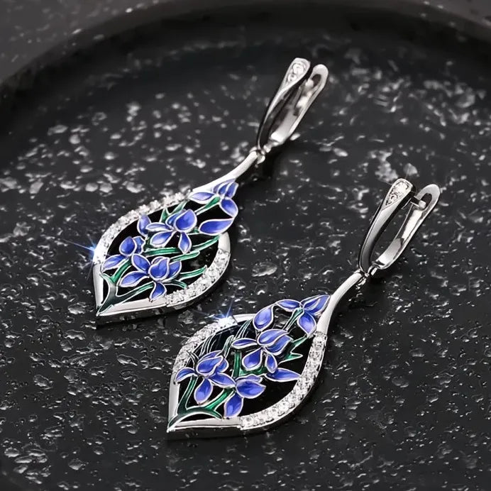 Luxury Blue Flower Cubic Zirconia Drop Earrings for Women Wedding Jewelry