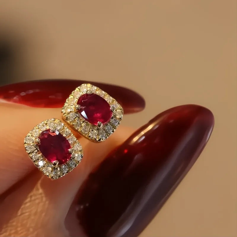Fashion Red Cubic Zirconia Stud Earrings Gold Color Wedding Ear Accessories for Women