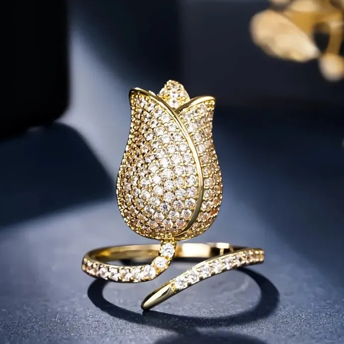 Adjustable Tulip-Shaped Women’s Ring with CZ Brass Flower Design