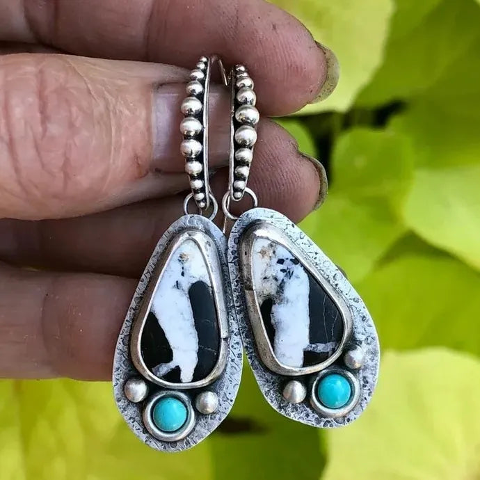 Women’s Blue Resin Inlaid Retro Handmade Metal Pendant Drop Earrings