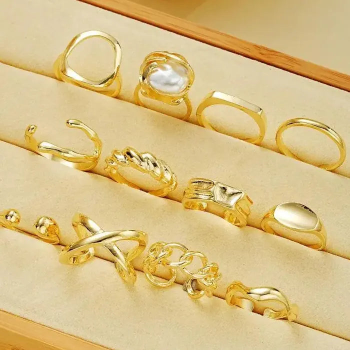 12Pcs Women’s Retro Irregular Geometric Adjustable Fashion Rings Set
