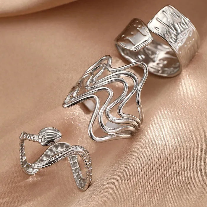 Stainless Steel Geometric Threaded Hip-Hop Ring Set for Women Jewelry Accessory