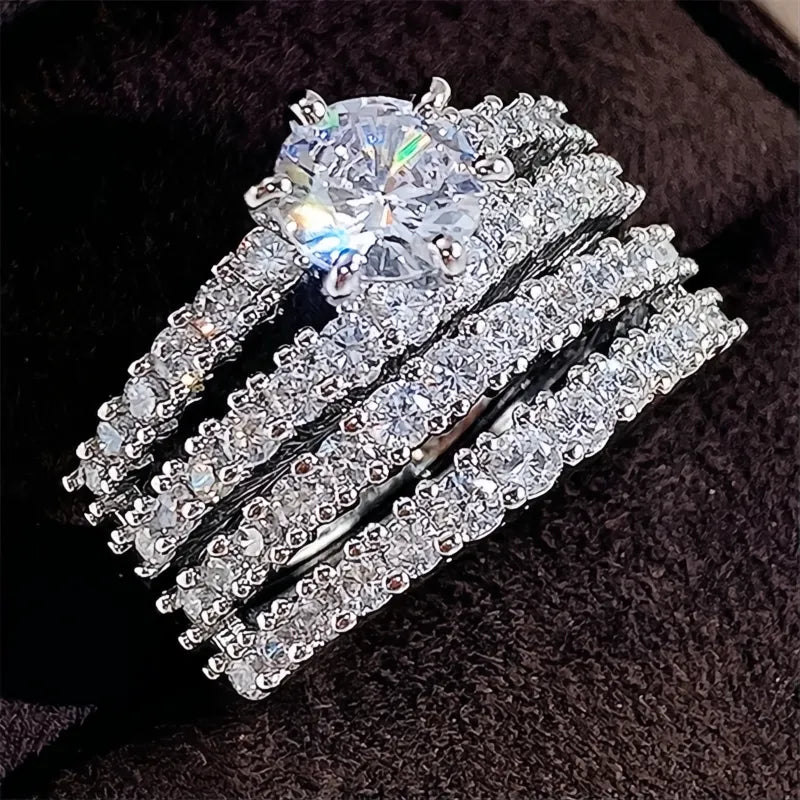 Trendy Hollow Set Rings 2Pcs Full Bling Iced Out CZ Stone Luxury Women Wedding Engagement Jewelry