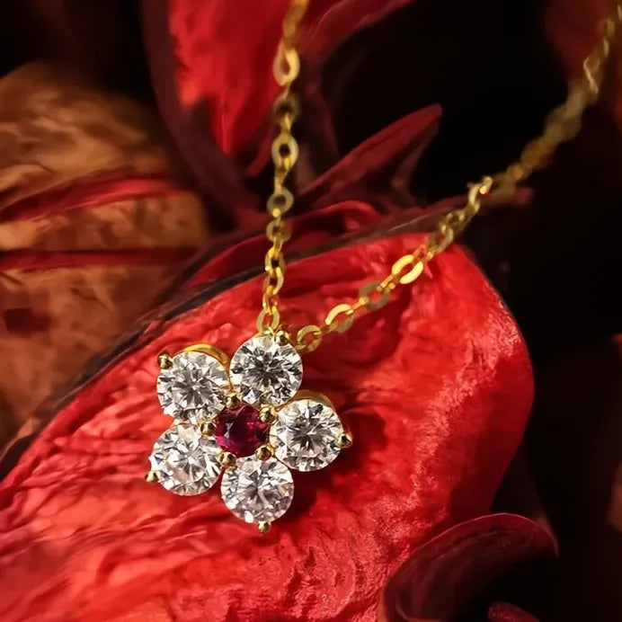 Geometric Flower Pendant Necklace with Red Cubic Zirconia for Women Party