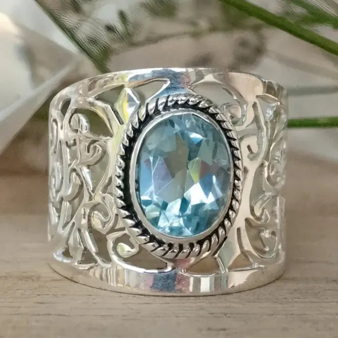 Wide Hollow Zinc Alloy Ring with Oval Sky Blue Glass Stone for Women