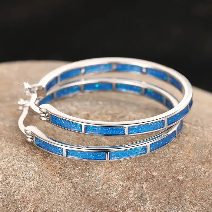 Big White and Blue Epoxy Resin Round Earrings for Women Brides, Copper Jewelry