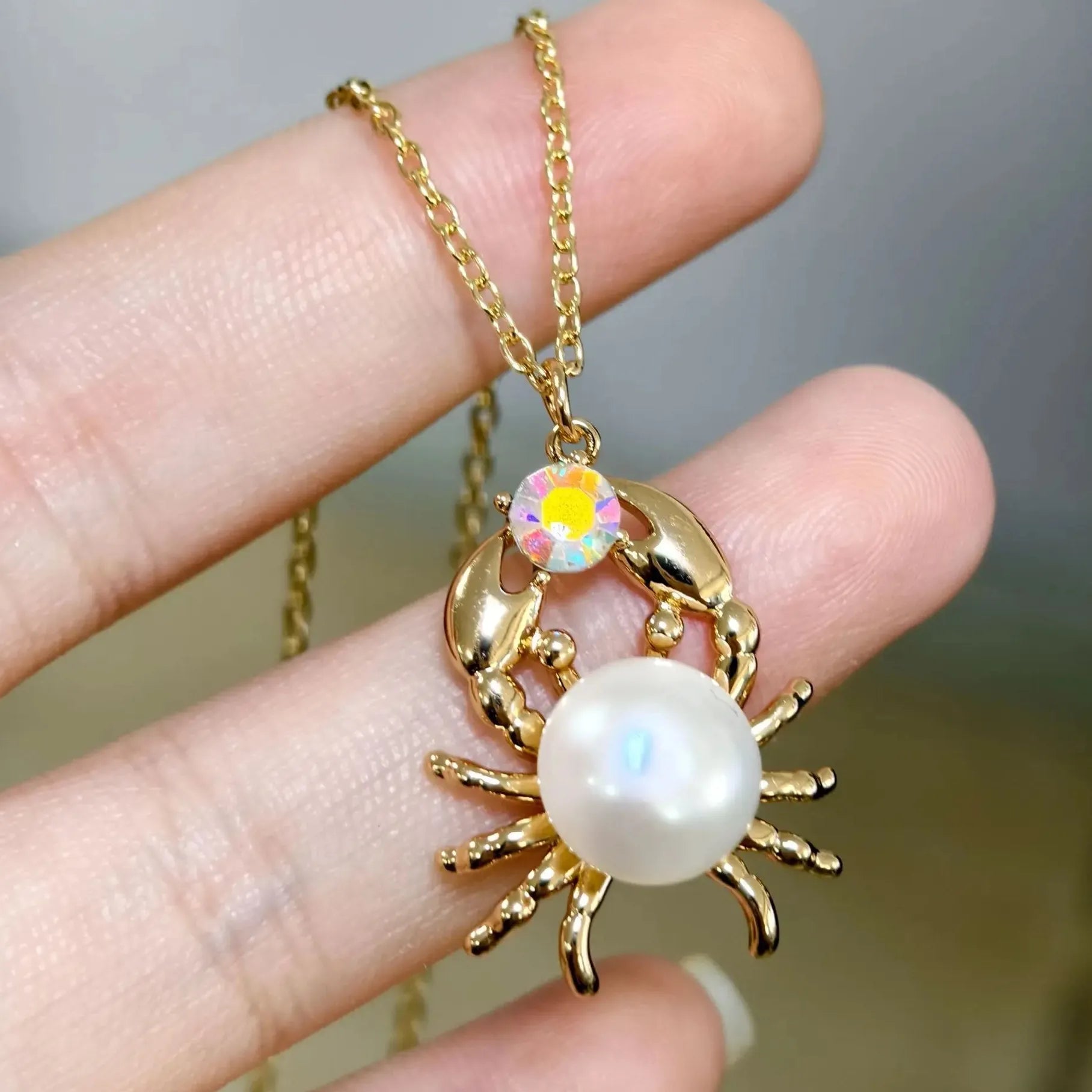 Geometric Irregular Freshwater Pearl Necklace Pink Fish Crab Pendant Choker Jewelry