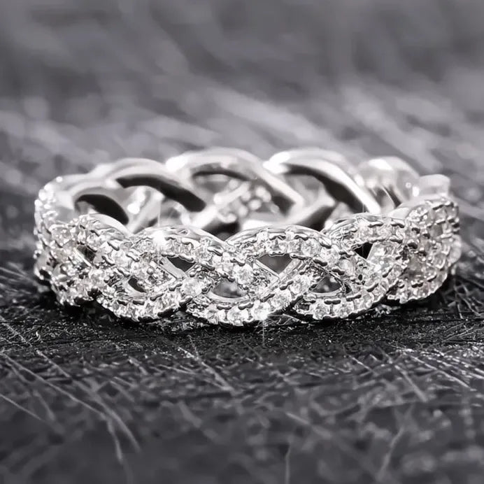 Geometric Cubic Zirconia Silver Twist Bridal Wedding Ring Elegant Band