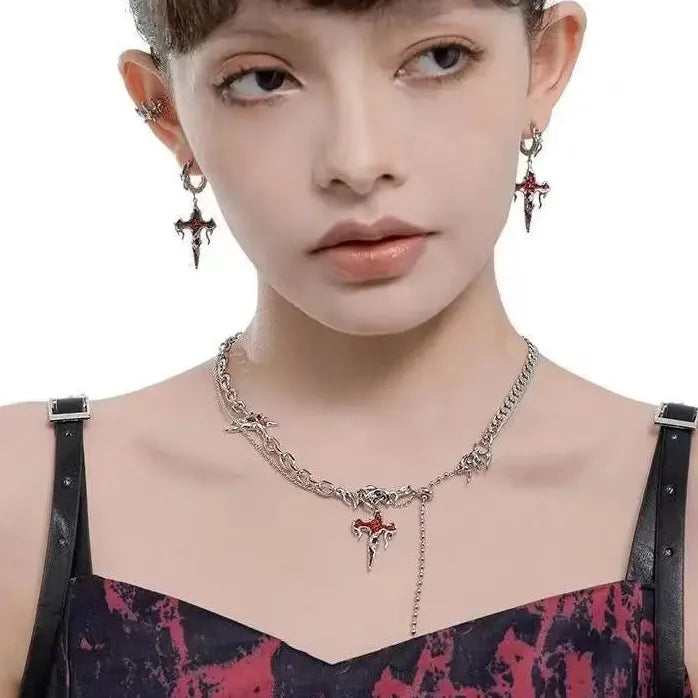 Neo-Gothic Red Flame Cross Earrings Women Hip Hop Y2K Statement Jewelry