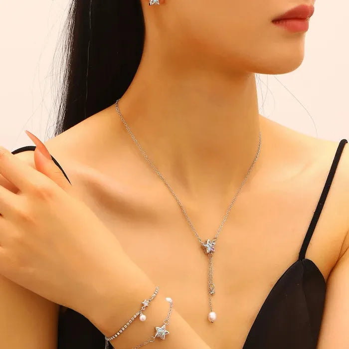Zinc Alloy Star Zircon Stud Earrings with Bow Pearl Necklace & Bracelet Set