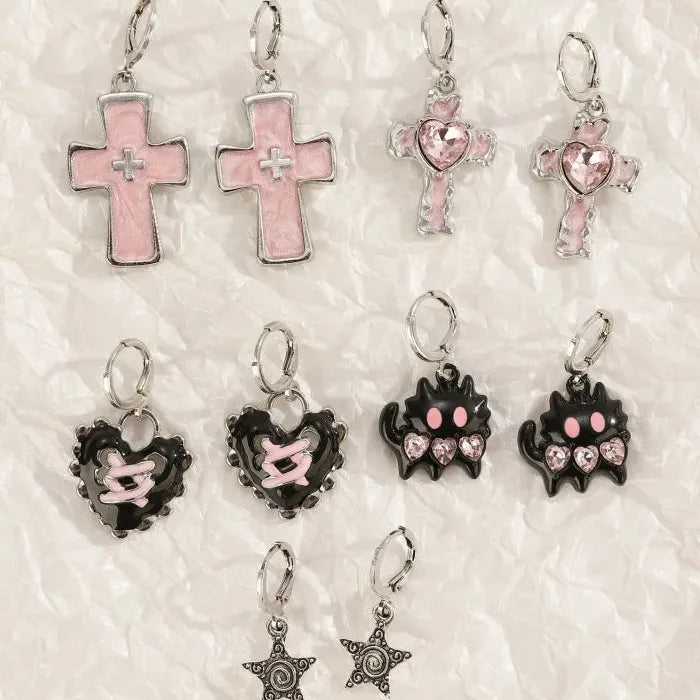 Vintage Punk Zinc Alloy Pink Crystal Cross Hoop Earrings Y2K Party