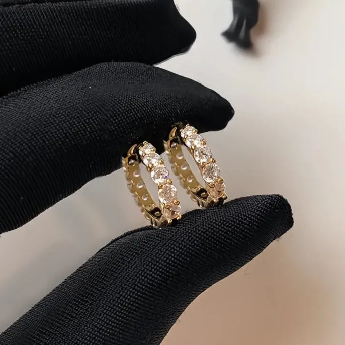 13mm/15mm Women’s Circle Hoop Earrings Cubic Zirconia Inlaid Sparkling Wedding Party Jewelry