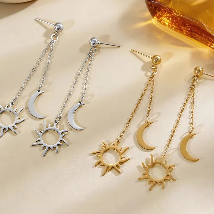 Stainless Steel Sun Moon Earrings & Adjustable Bracelet Women Retro Jewelry Gift