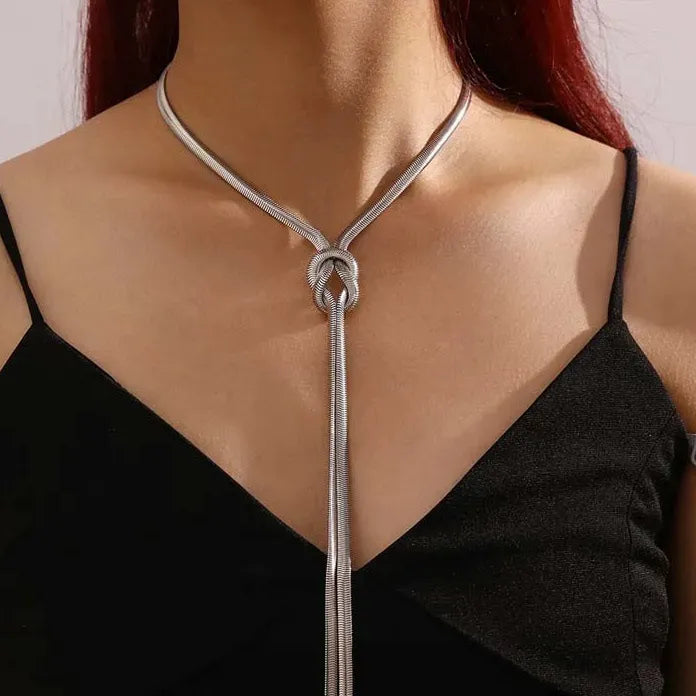 Vintage Gold Snake Chain Knot Tassel Necklace Women Punk Thick Metal Jewelry Gift