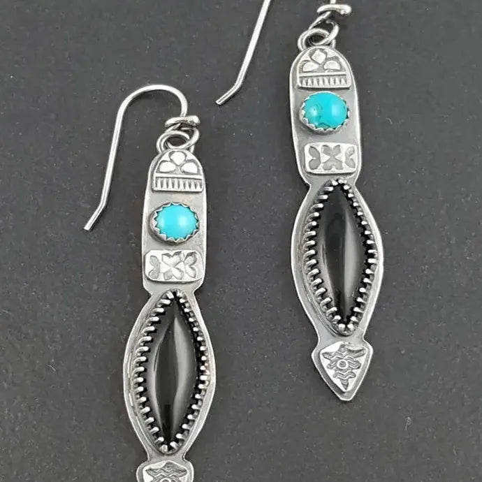Women’s Blue Resin Inlaid Retro Handmade Metal Pendant Drop Earrings