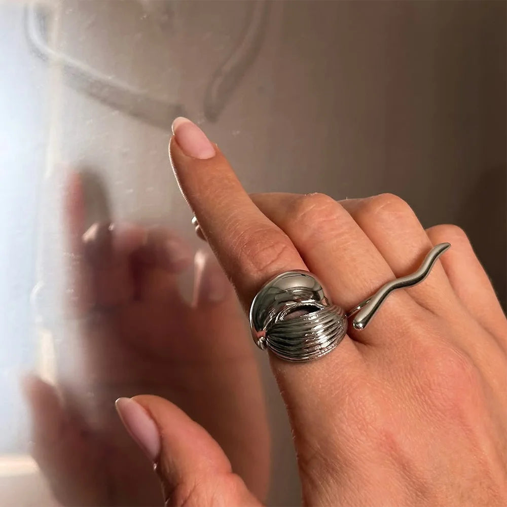 18K Gold Plated Stainless Steel Geometric Adjustable Open Ring Waterproof Gift