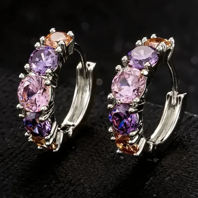 Purple Geometric Copper Alloy Cubic Zirconia Hoop Earrings for Women Party