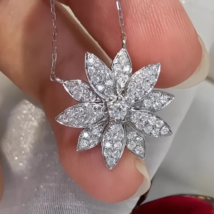 Elegant Women's Engagement Flower Pendant Necklace Copper Alloy CZ Jewelry