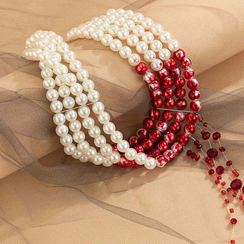 Vintage Red Blood Pattern Imitation Pearl Tassel Pendant Necklace for Women Goth Jewelry