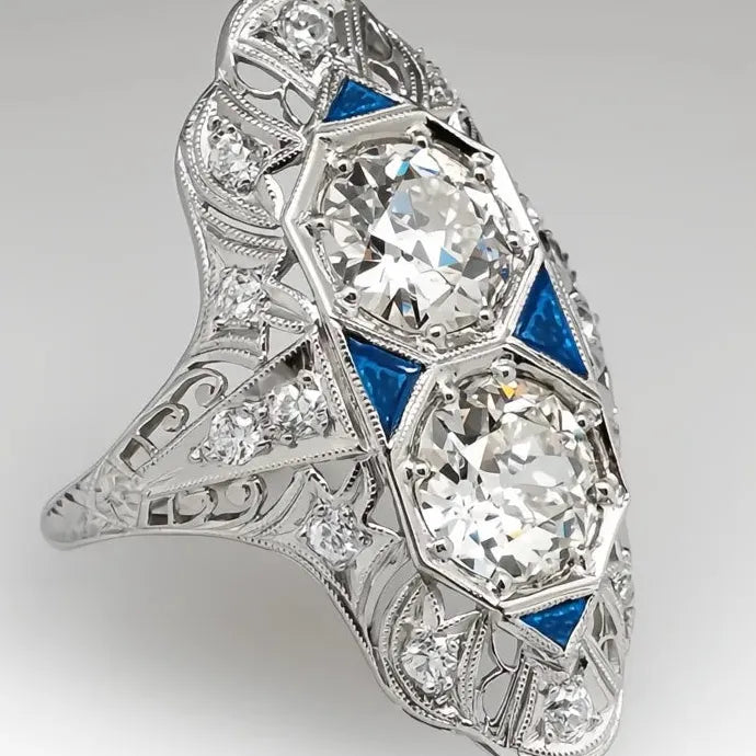 Vintage Blue Enamel Handmade Women’s Ring Brass Cubic Zirconia Gift